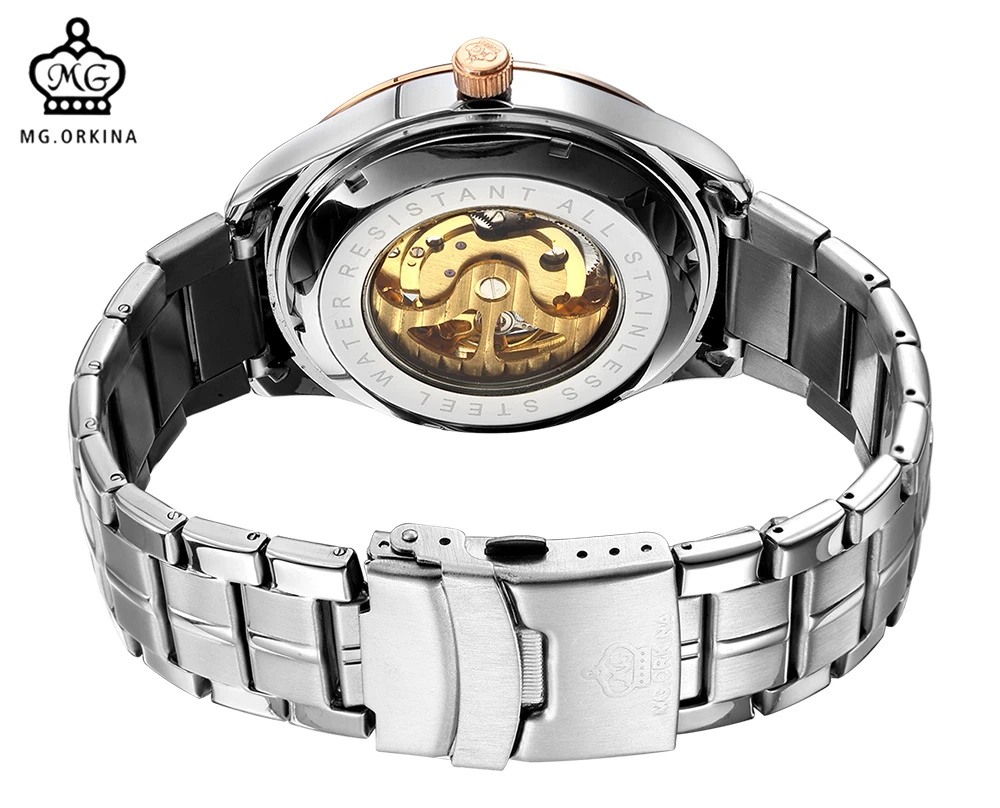 

MG. ORKINA Reloj Hombre Mens Watches Top Brand Luxury Full Stainless Steel Wristwatch Auto Mechanical Male Clock Rose Gold Watch