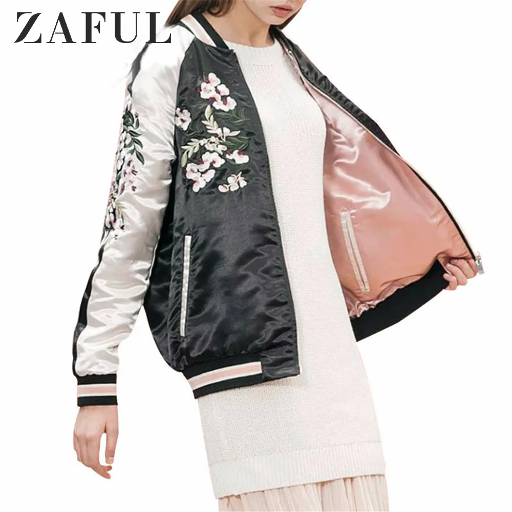 ZAFUL Двусторонняя куртка пальто с цветочной вышивкой бомбер Женская Осенняя