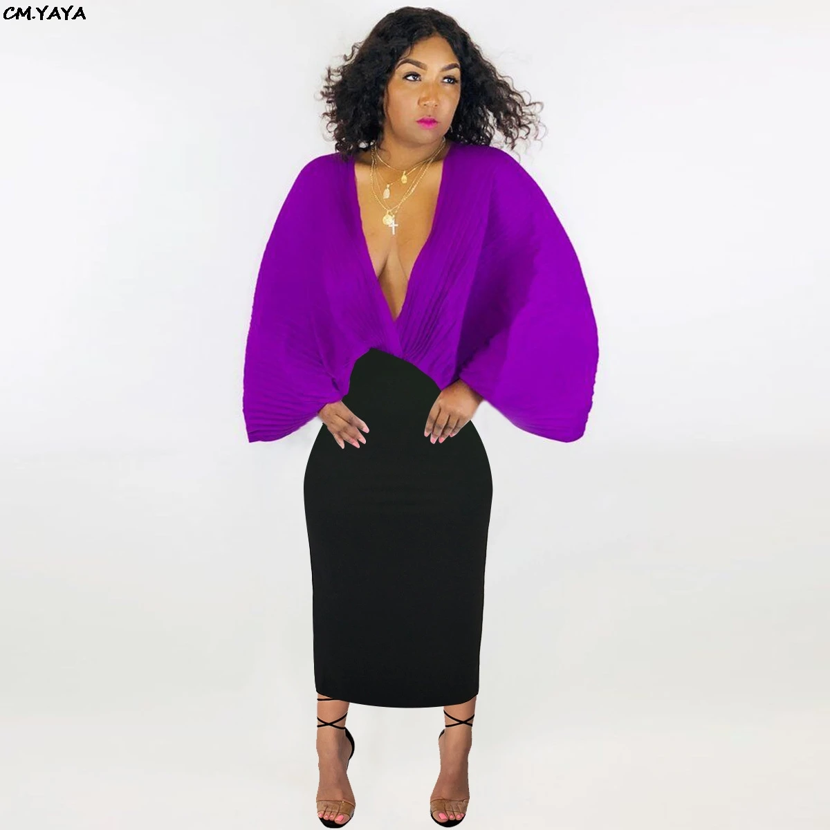 Женское Плиссированное Платье-миди с рукавом летучая мышь и глубоким V-образным