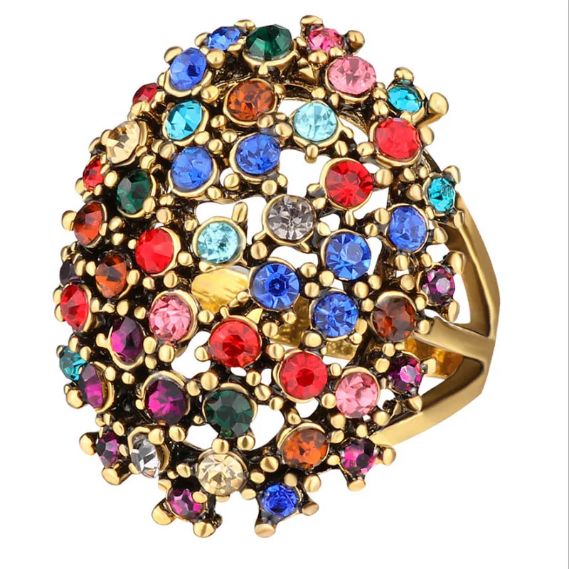 

Retro Jewelry Colorful Crystal Ring For Women Gold Color Filled Stretch Fashion Rings Carteiras Femininas