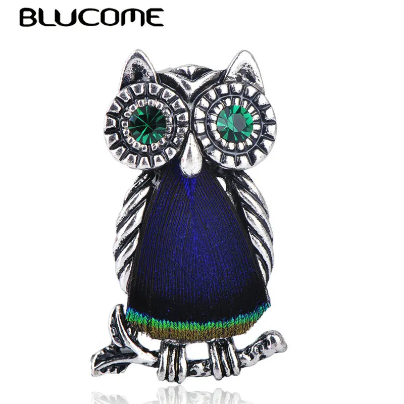 

Blucome New Arrival Vintage Green Eyes Owl Shape Brooch Pin Plume Animal Jewelry For Children Men Women Suit Corsage Accessories