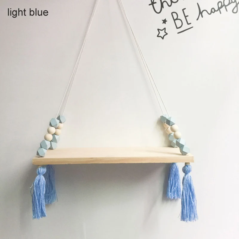 light blue Красочные бусины в скандинавском стиле, деревянная настенная полка с кисточками, украшение для детской комнаты, демонстрационный стенд для магазина детской одежды - Цвет: light blue