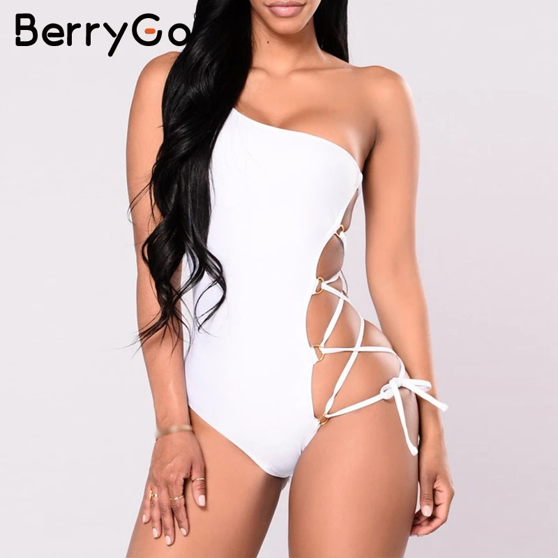 Бикини на одно плечо пуш ап шнуровка Цельный купальник женский сексуальный белый