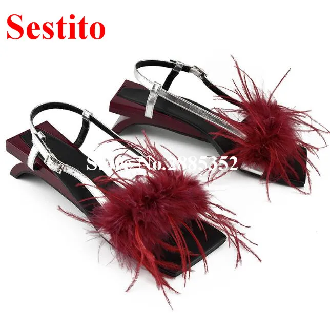 

Sestito 2018 New Fashion Design Feather Embellished Chic Sandals Women Med High Heel Buckle Open Toe Casual Party Shoes Women