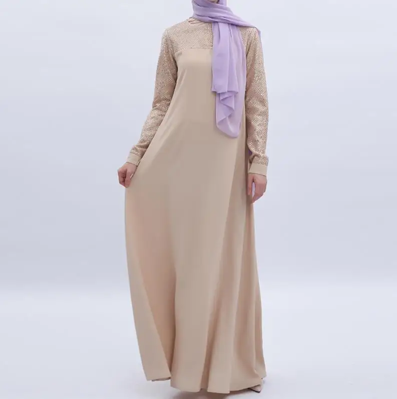 Vestidos Sequin Abaya Дубай длинное мусульманское хиджаб платье для женщин кафтан Elbise Eid турецкие платья халат Musulmane Longue - Цвет: Beige dress
