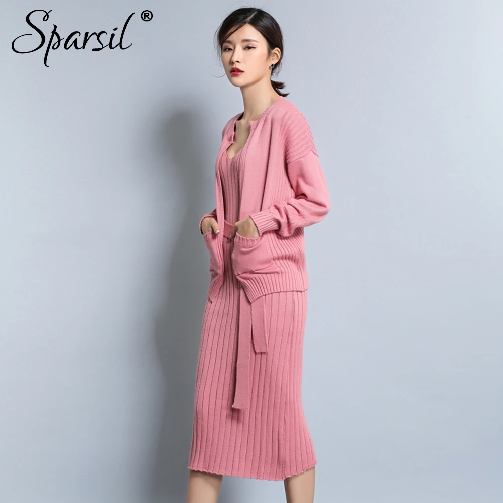 Sparsil осенние женские комплекты кардиганы + платье трикотажные шерстяные свитера