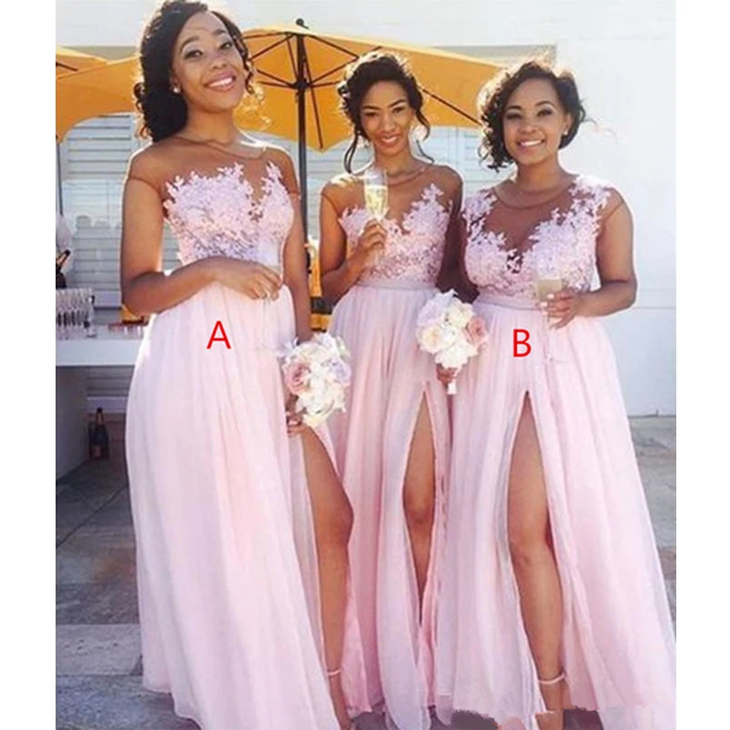 Розовое Шифоновое платье подружки невесты с разрезом Аппликация Прозрачный