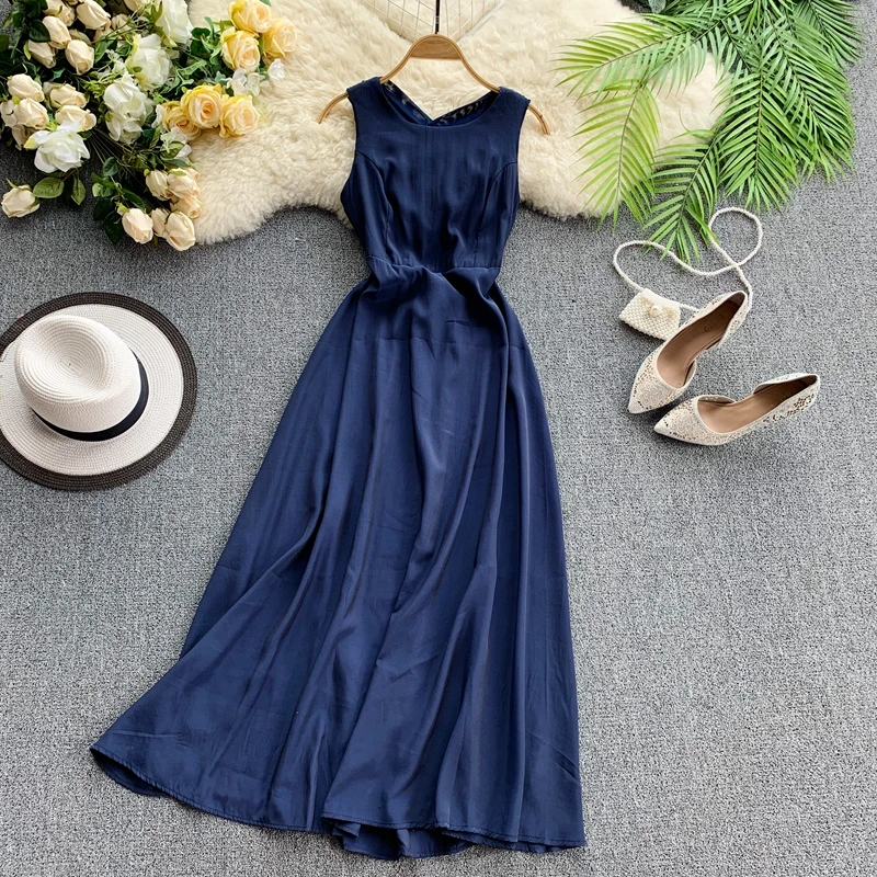 Женское платье с перекрестными ремешками однотонное Сетчатое круглым вырезом