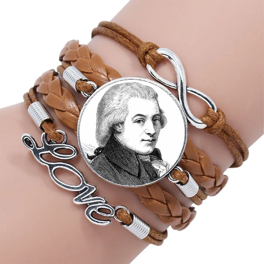 as picture Вольфганг Mozart Композитор для школьниц Макси Панк ювелирные изделия со стеклом кабошон Многослойный черный/коричневый кожаный браслет - Окраска металла: as picture