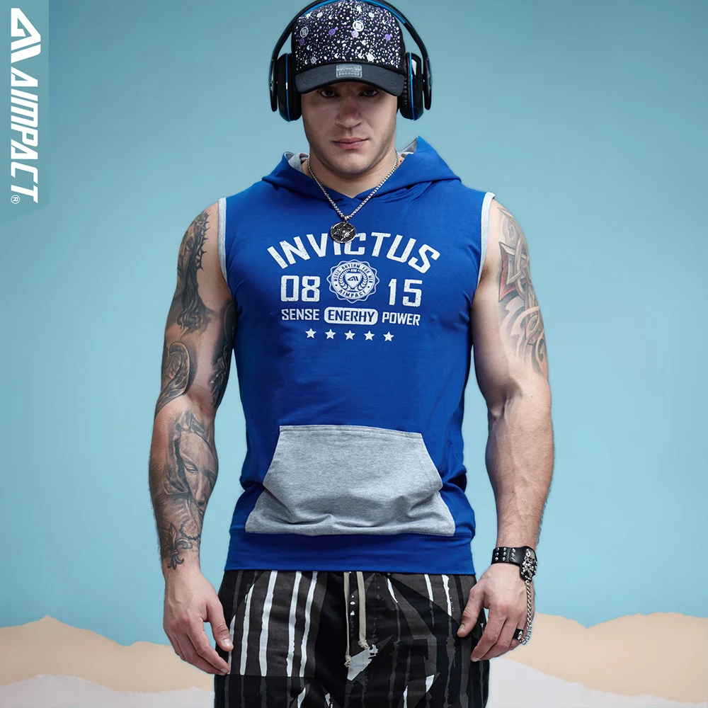 Aimpact Бодибилдинг худи без рукавов контрастный карман установлены хлопка мужские