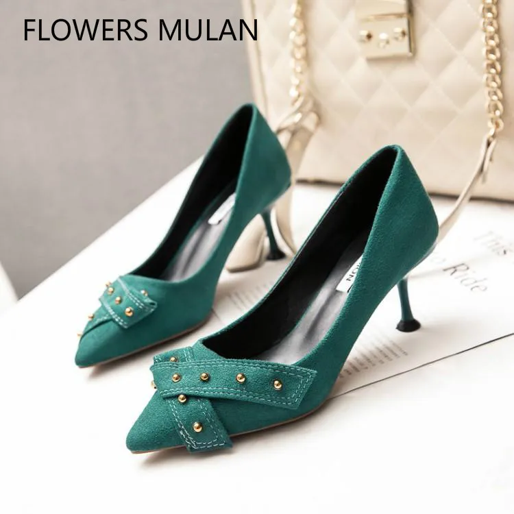 Зеленые черные замшевые женские туфли на высоком каблуке с шипами перекрестной