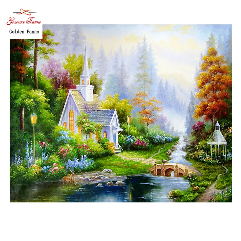 

Golden Panno,Needlework,DIY DMC 14CT Cross stitch Kit,Riverside Castle Counted Pattern Embroidery Cross-stitch Painting 0119