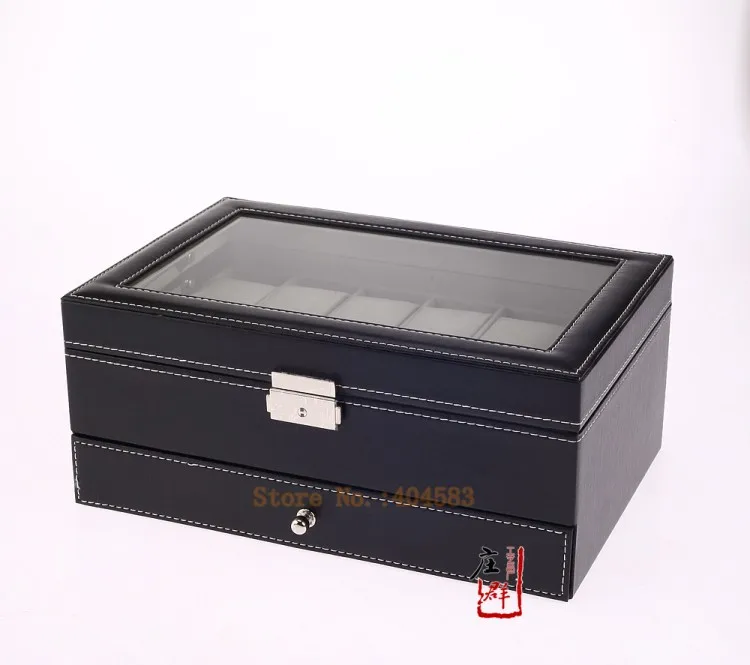 Черная кожаная коробка для мужских часов 12 дюймов с ящиком ювелирных изделий