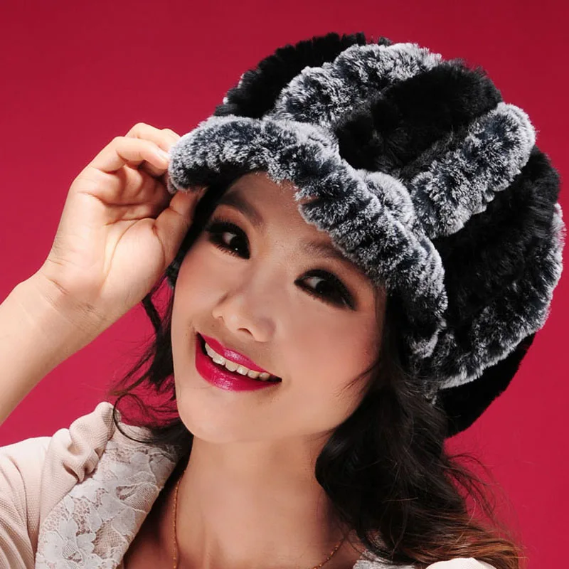 Silvery Black Black Fur Story 13615 Настоящий мех кролика шляпа шерсть козырек Лыжная шапка мяч шляпа леди головной убор подарок - Цвет: Silvery Black Black