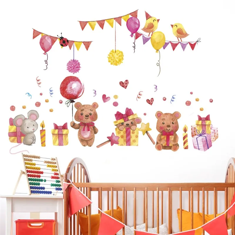 

lovely bear ballon flag wall stickers for kids rooms home decor cartoon animals wall decals diy poster pvc mural art decorations