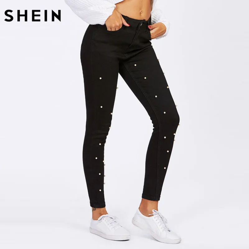 SHEIN Модные Джинсы С Бусинами Женские Элегантные Черные Длинные Джинсовые Брюки