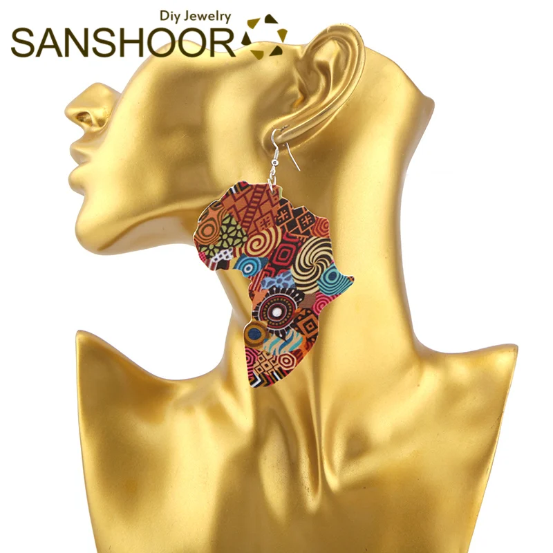 SANSHOOR африканские цвета картина карта деревянные висячие серьги Afrocentric