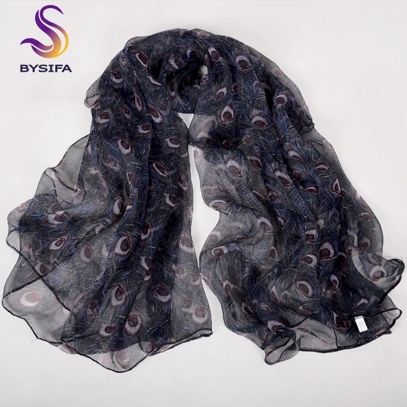 Женский шарф BYSIFA фиолетовый синий длинный с перьями павлина для осени и зимы |