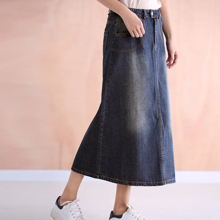 

women casual a-line denim long skirt, side split