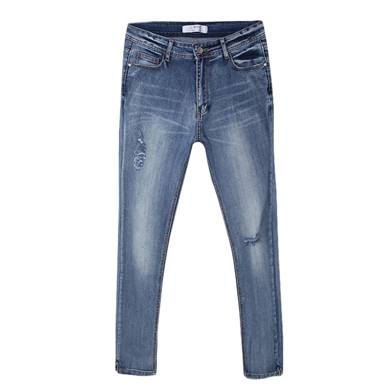 

2019 new fashion Korean plus-size women's summer jeans high waisted slimming ripped jeans with small feet 056