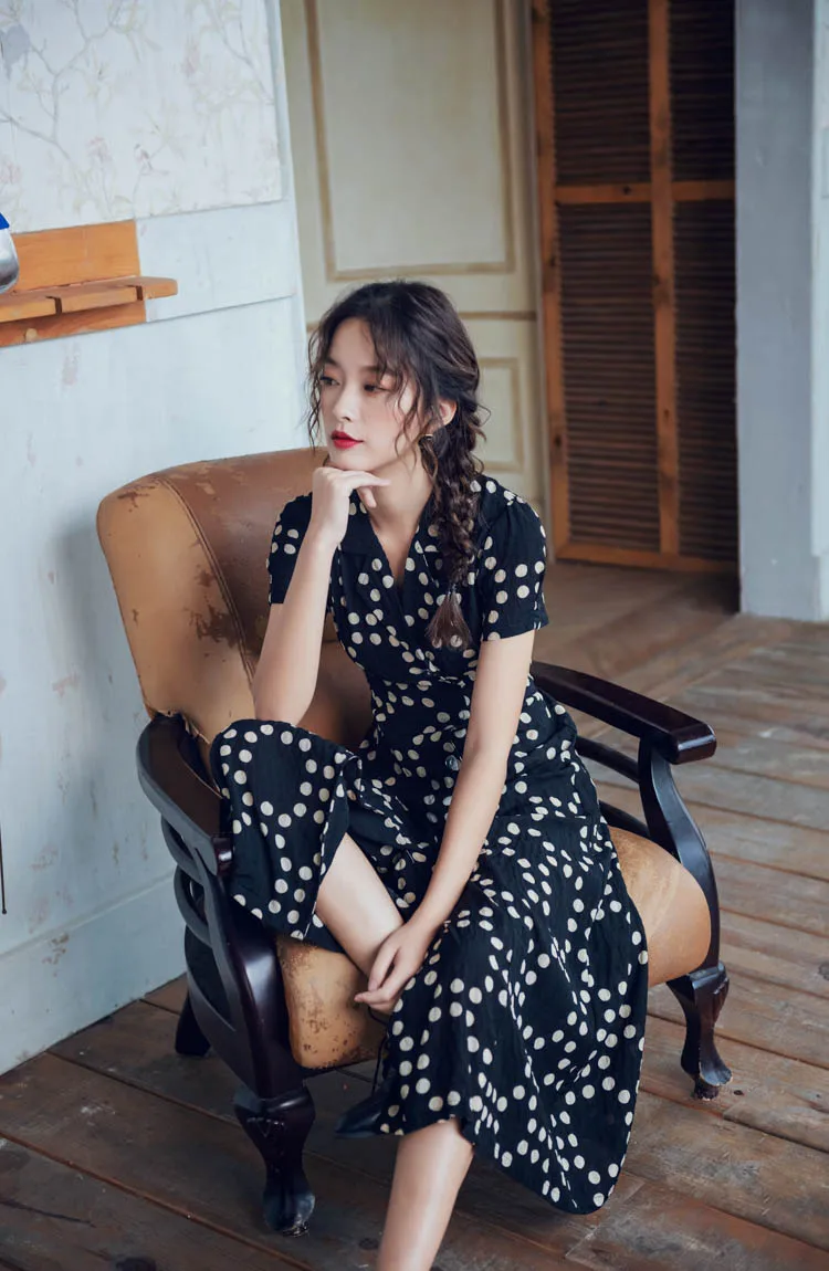 Свободное богемное платье в горошек для отдыха летнее шифоновое платье маленькое сексуальное двубортное платье-рубашка с вырезом Макси для женщин