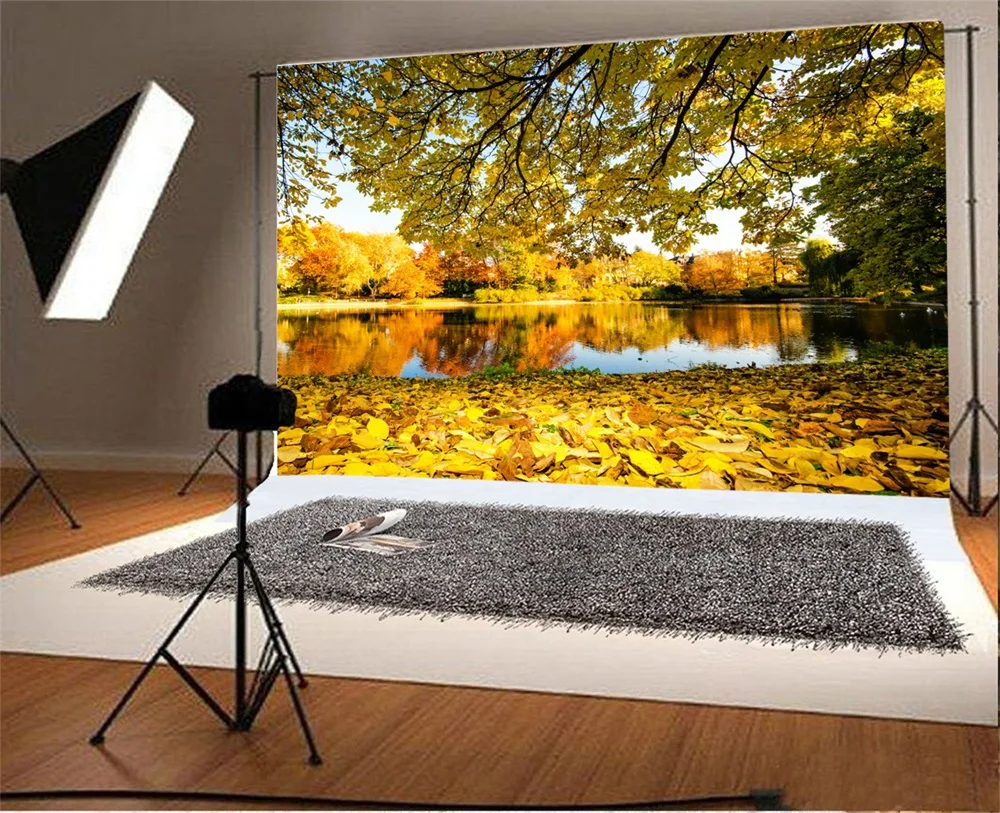 Laeacco Autumn Trees Fallen Yellow Leaves Lake Natural Scenic Photography Backgrounds Photographic Backdrops For Photo Studio |