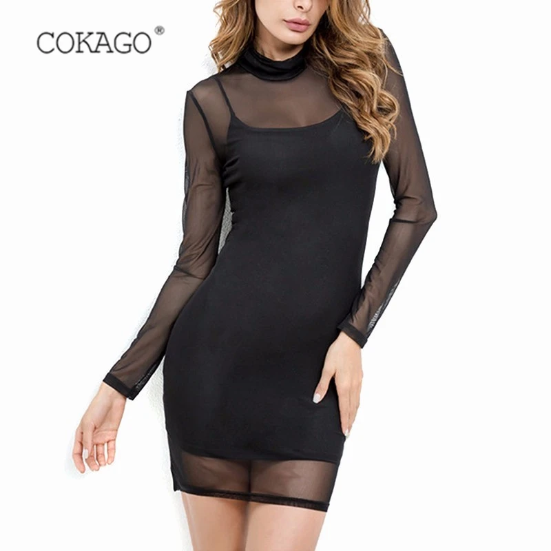 COKAGO сексуальные Женский комплект 2 шт. черные платья с длинными рукавами и