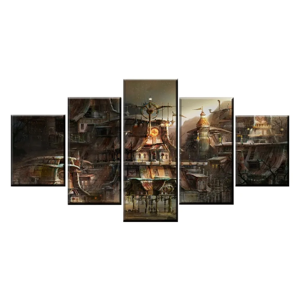

Canvas Print Painting Home Decorative Modular 5 Panel Building City Sci Fi Steampunk Poster Modern Wall Art quadro cuadros