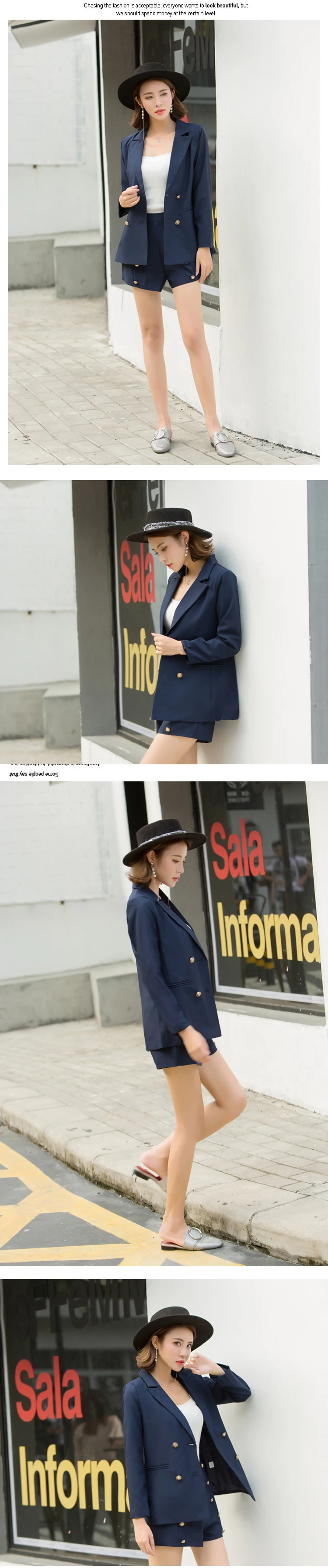 HziriP ELegant Office Lady Short Suit 2 Piece Set Women Solid Double-breasted Jacket Blazer+ High Waist Midi Pant Suits