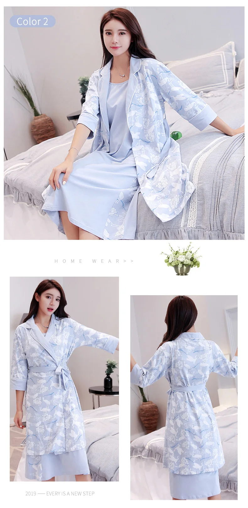 2 Pieces Cotton Sleepshirt Set for Women Bedgown Girls Nightgown Ladies Sleepwear High Quality Cotton Slumber Wear Robe Set
