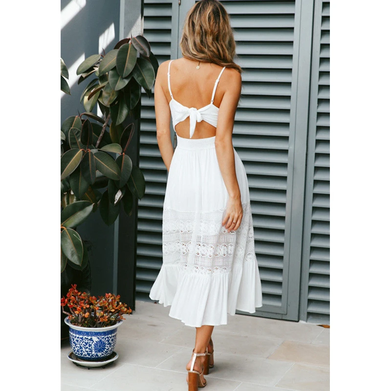 Женское кружевное платье в стиле бохо летнее Сексуальное Белое Кружевное