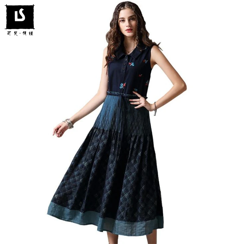 

Women fashion vintage embroidery lapel dresses sleeveless vest dress Casual ladies Drawstring slim waist large swing Long dress