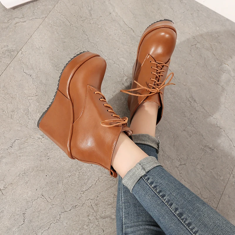 

Womens Round Toe PU Lace Up Wedge Platform Boots Shoes Beige Brown Black