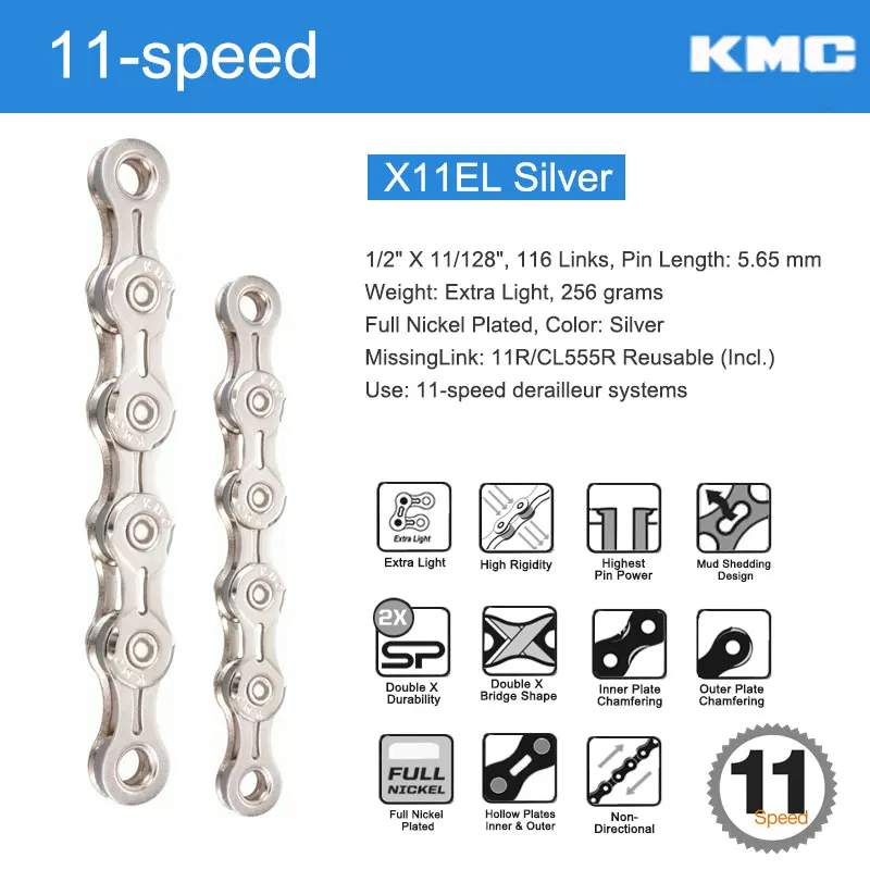 X11EL Silver N 2Link KMC велосипед 11 скоростной цепи W/оригинальные MissingLinks разъемы X11 серии X мост опционально серебряные золотые полые пластины/Pin - Цвет: X11EL Silver N 2Link