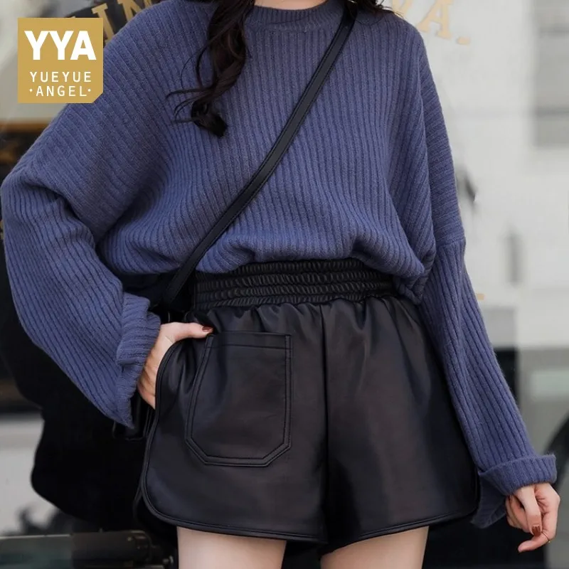 Sheepskin Shorts Women Loose Large Leather Woman Short Pants High Waist Wide Leg Elastic Waist Wear Black Leather Lady Shorts