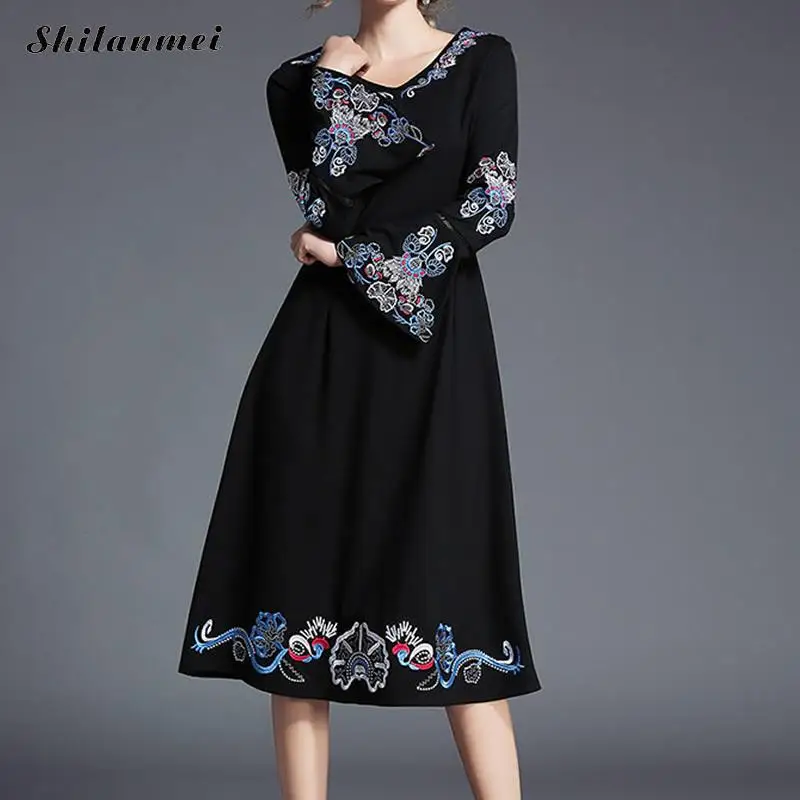 Черное облегающее платье миди с вышивкой 2018 летнее женское сексуальное