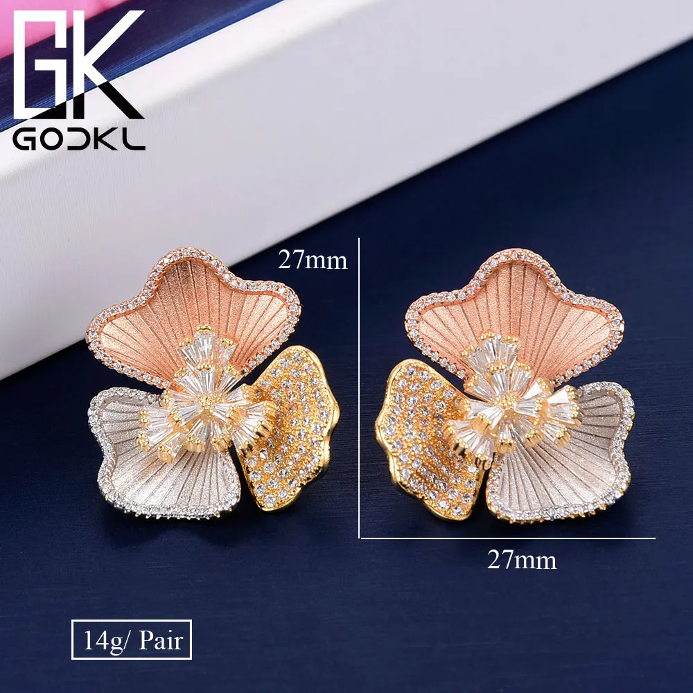 Серьги пусеты GODKI Lucky flossom с кубическим цирконием для женщин трехцветные серьги на