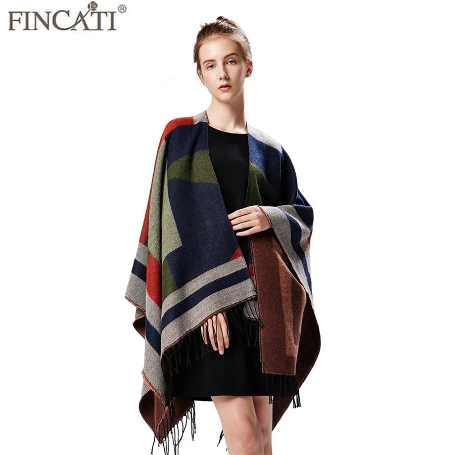

Plaid Large Thicken Scarves Women Poncho Cardigans Lady Christmas Gift Soft Warm Outwear Clothes Tops With Tassels 130*150 cm