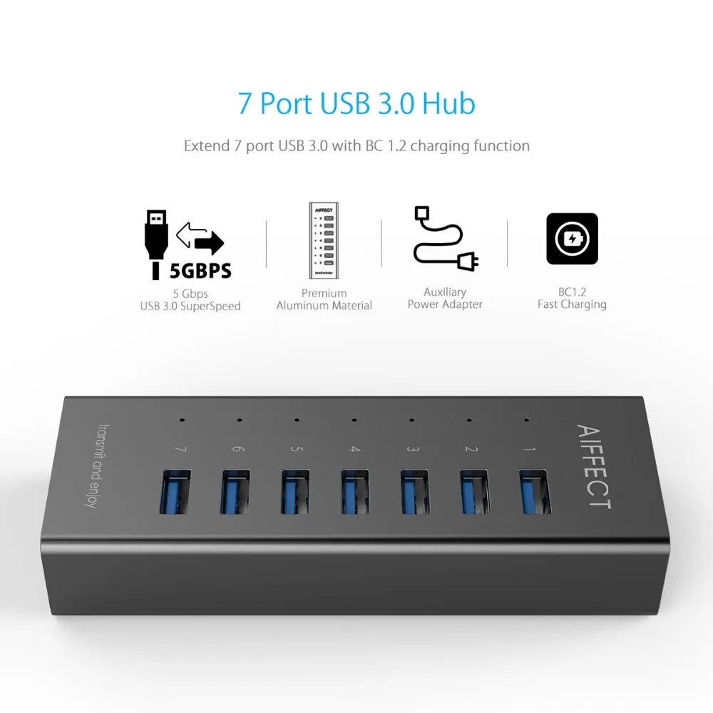 AIFFECT 7 портов Алюминиевый USB 3 0 концентратор BC1.2 быстрое зарядное устройство с 12V 2A