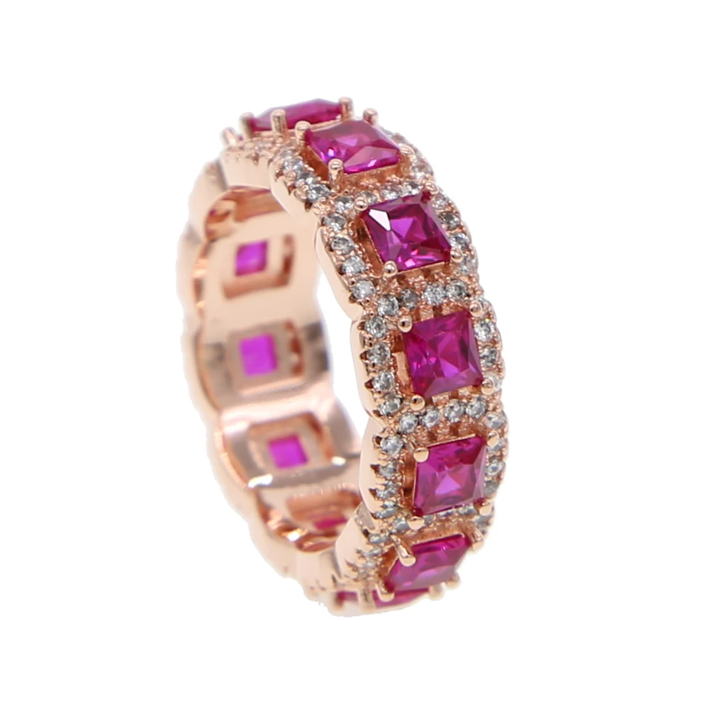 Кольцо женское под розовое золото с фианитом квадратное красное и зеленое -