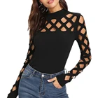 Женская футболка с квадратным вырезом на плече, пикантная открытая Офисная Женская футболка с длинным рукавом, тонкая уличная одежда черного цвета, элегантная Однотонная футболка Harajuku