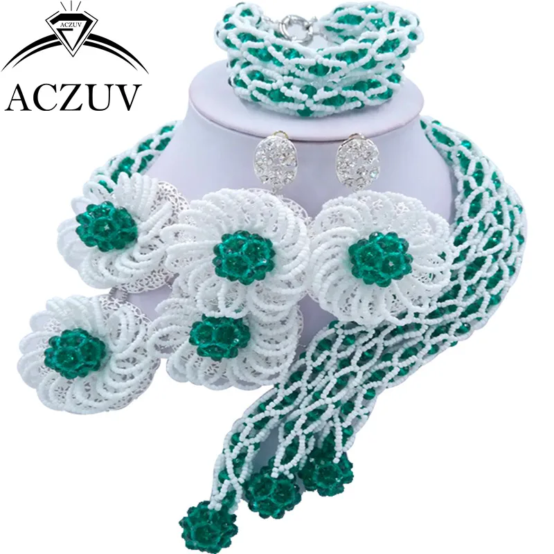 ACZUV модный армейский зеленый и белый кристалл ювелирный набор Африканские свадебные бусы нигерийское ожерелье большие серьги наборы C3F019