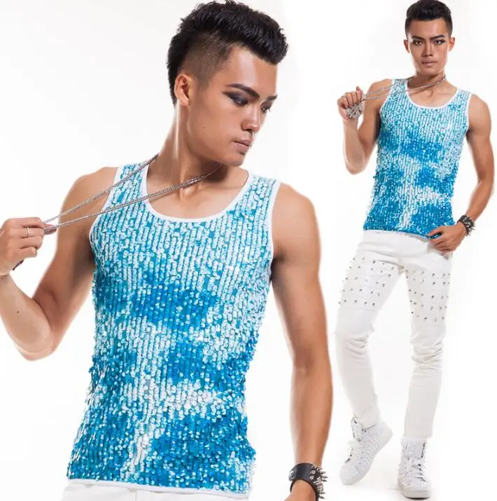 Мужской приталенный жилет без рукавов сине серый Стильный с блестками в стиле