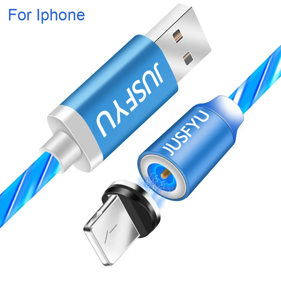 For iPhone Blue 1 м Магнитный светодиодный светильник кабель Micro usb type C зарядное устройство для быстрой зарядки для iPhone X 7 6 samsung Xiaomi Магнитный телефонный кабель провод шнур - Цвет: For iPhone Blue
