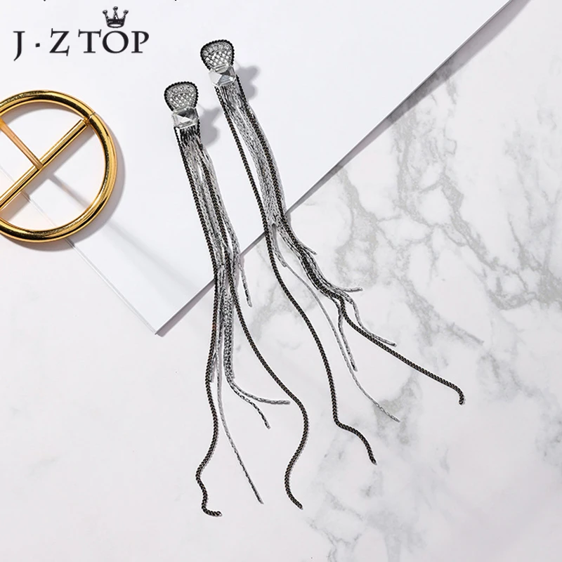 JZTOP, Роскошные, винтажные, ультра длинные, серебряные, с металлической цепочкой, с кисточками, Висячие серьги для женщин, кристалл, циркон, женские серьги-подвески, Brinco