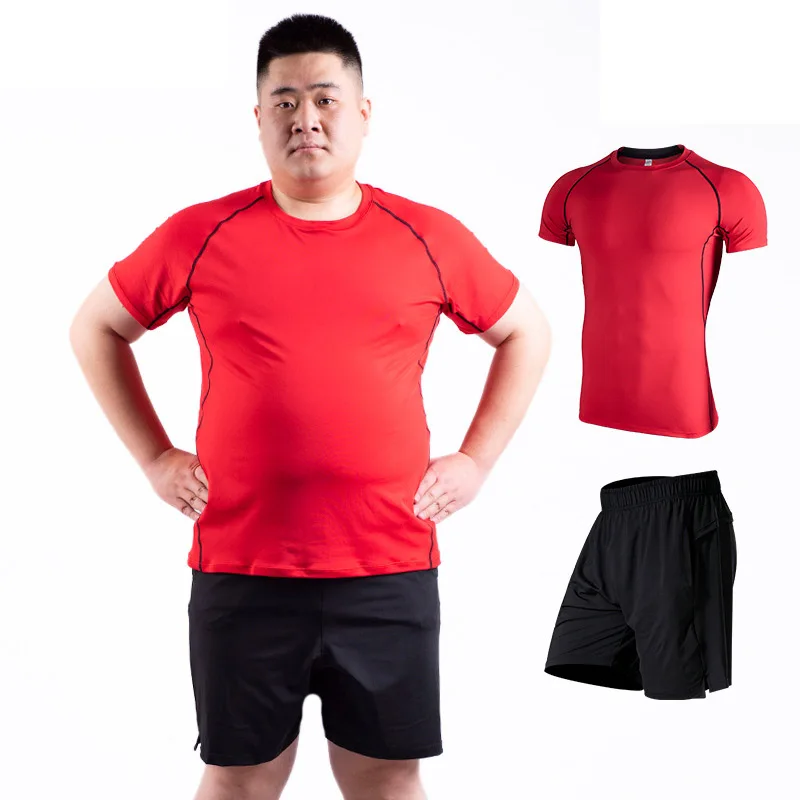 Men's Large size Fitness clothes Set speed dry stretch loose T-shirt gym fat man's short sleeve sportswear | Спорт и