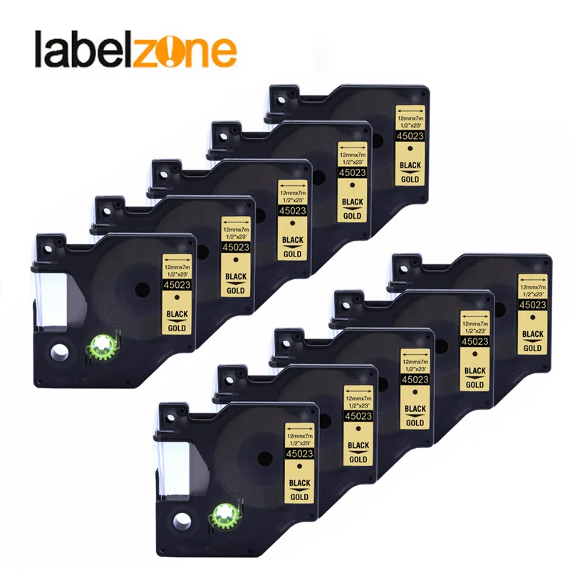 

10pcs 12mm 45023 black on gold compatible dymo D1 12mm label printer 45023 laminated label tapes for LabelManager 160 printer