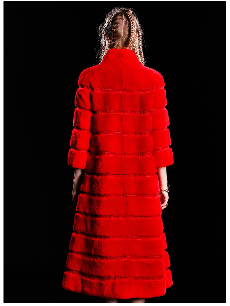 Женская зимняя длинная Меховая куртка с воротником стойкой LF4215|rex rabbit fur coat|outerwear