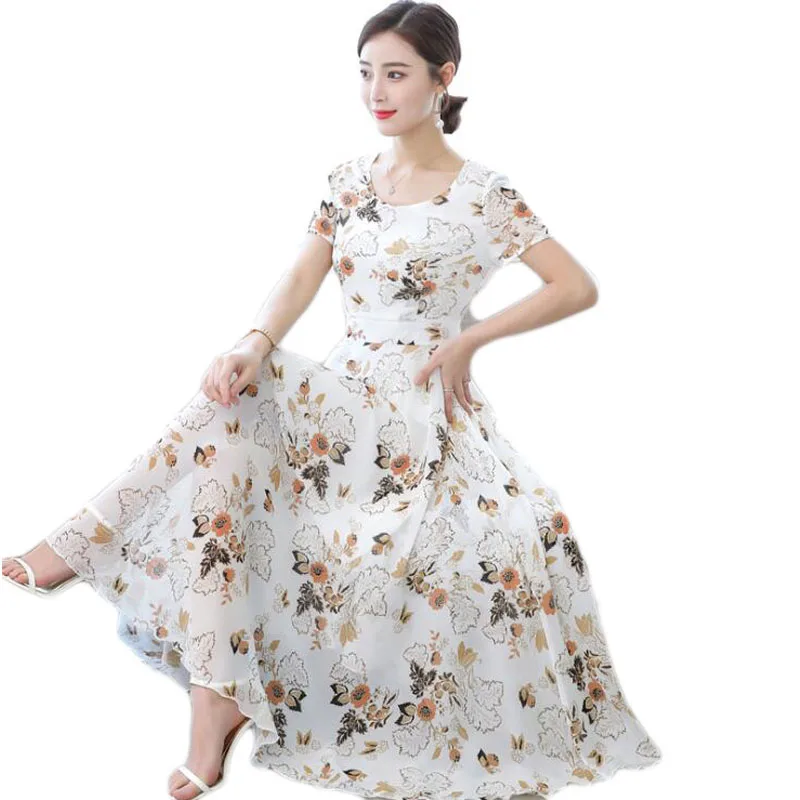 Women Summer Dress Plus Size Short-sleeved Chiffon Sunflower Long Slim Waist Rockabilly E199 | Женская одежда