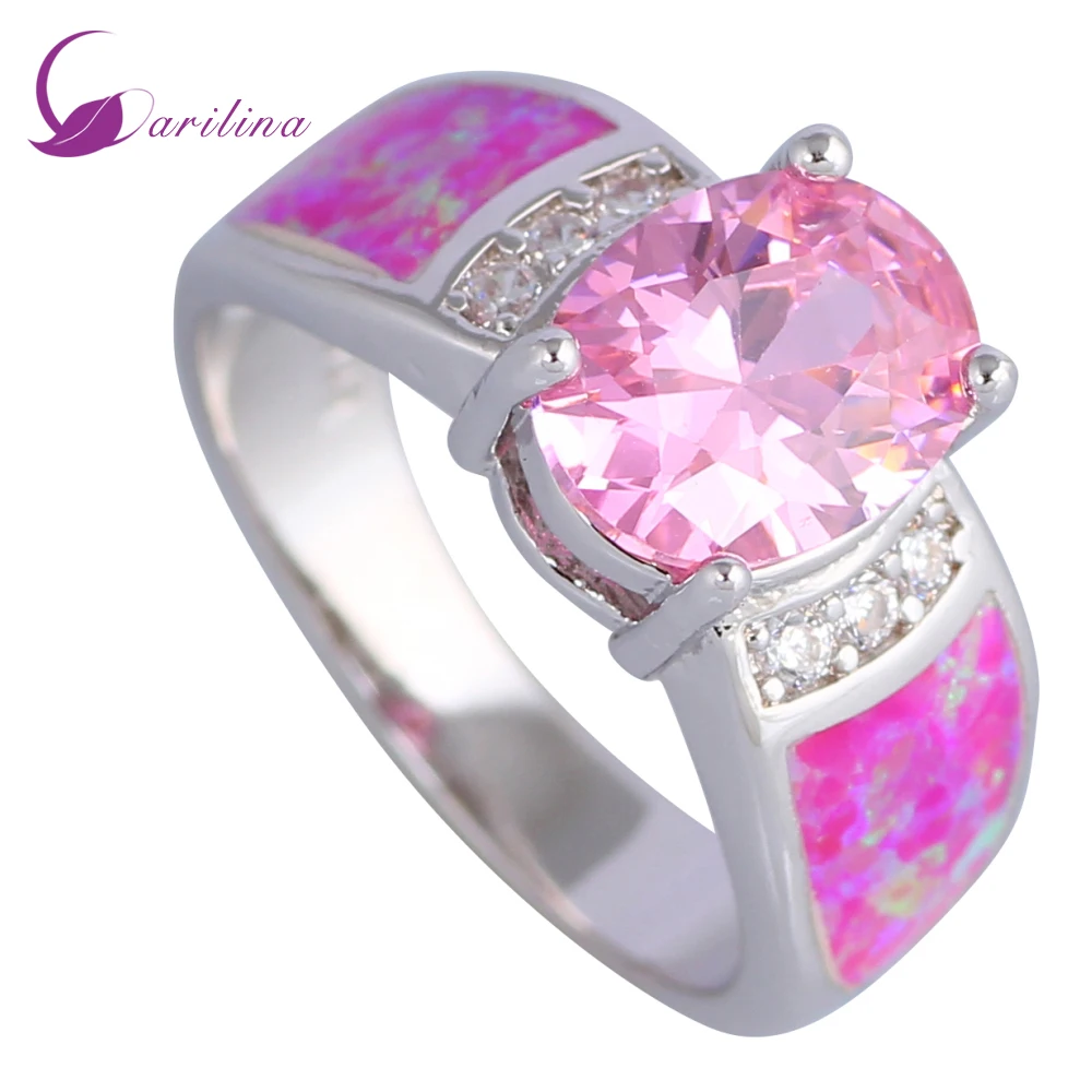

Fashion Wedding Rings Pink Morganite Pink Fire Opal Stamp Silver Color Rings For Womens Size 5 6 7 8 9 10 11 R500
